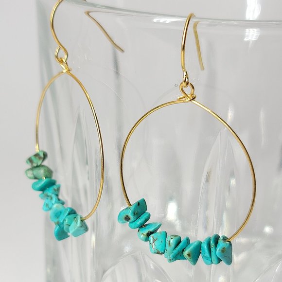 NEW Natural Turquoise Stones Wire Hoop Earrings - Picture 8 of 10